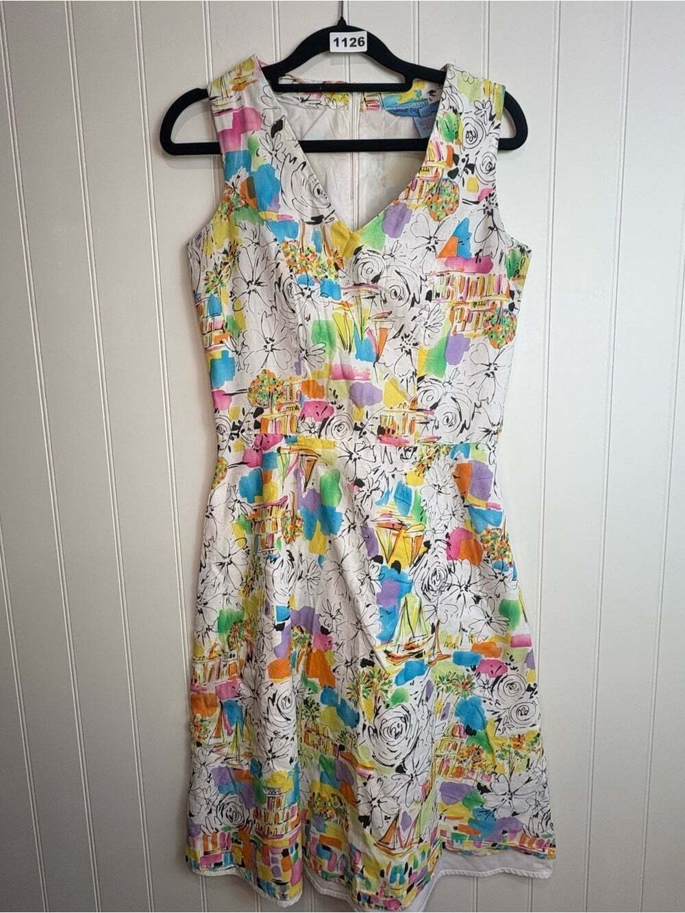 Vintage 90s Artsy Print Cotton Dress | Abstract Floral Coastal Cottagecore - Picture 3 of 7